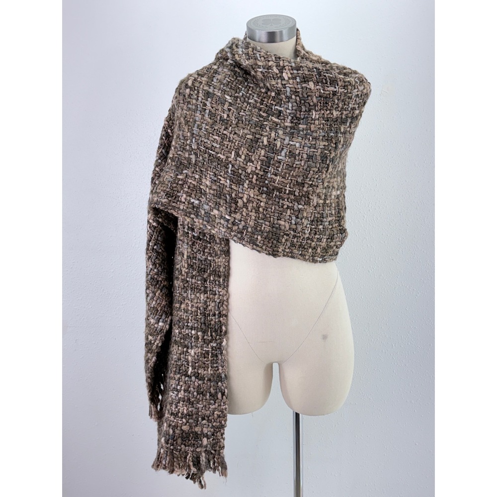 Peruvian Connection Scarf Brown Textured Wool Silk Chunky Knit Fringe Wrap OS